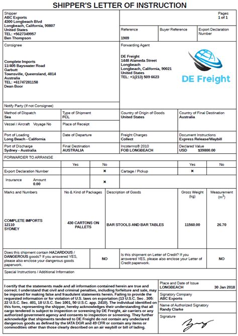 Shippers Letters Of Instruction To A Freight Forwarder Incodocs