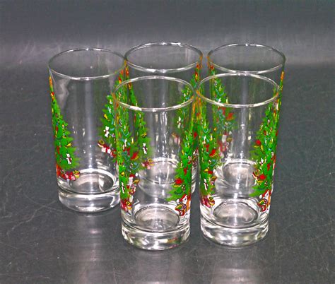 Five Luminarc Crystal D Arques Durand Holiday Christmas Tumblers Etched Glass Teddy Bear