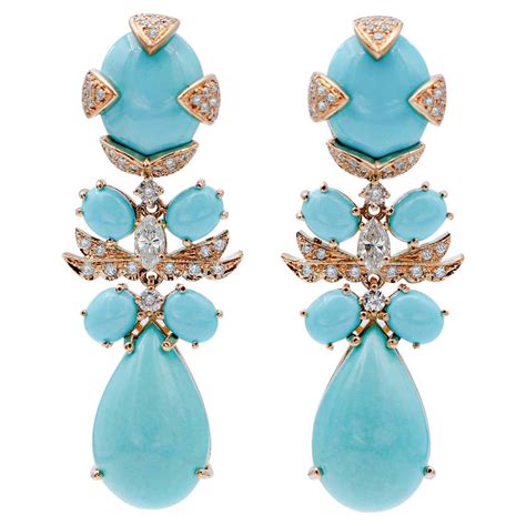 Victorian Turquoise Round Diamond Gold Dangle Earrings For Sale At Stdibs