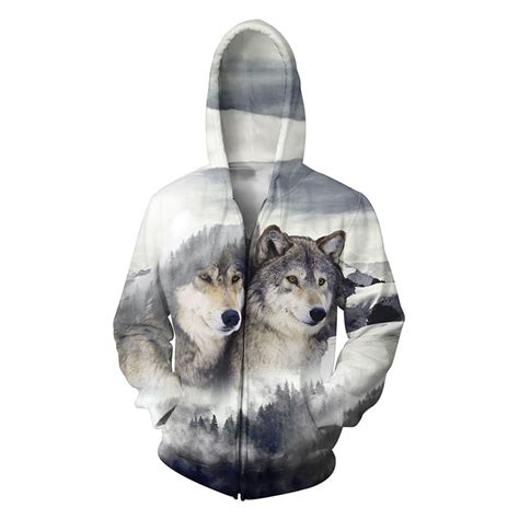 2017 New 3d Wolf Print Zip Up Hooded Zipper Men Clothing Animal Tops