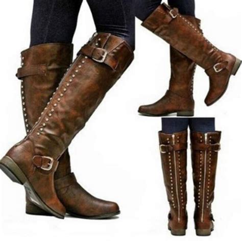 Yakoya Ladies Winter Platform Shoes Girls Buckle Rivets Knee High Motorcycle Boots