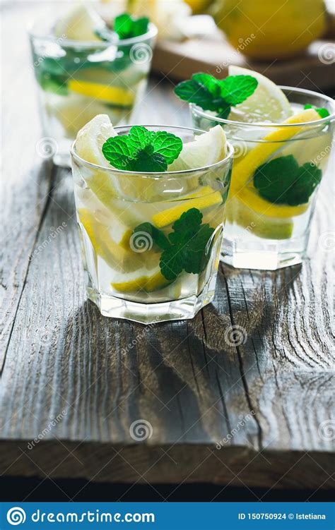 Fresh Refreshing Cold Drink Lemonade With Lemon Slices And Mint Stock