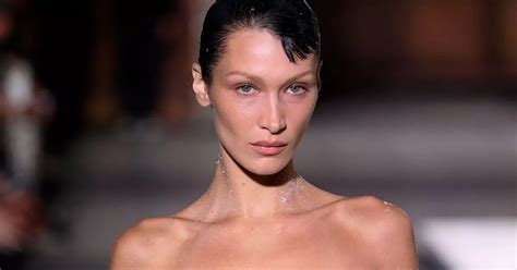 bella hadid emerges naked before dress is sprayed onto her body at paris fashion week irish