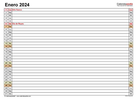 Calendario Enero 2024 En Word Excel Y Pdf Calendarpedia