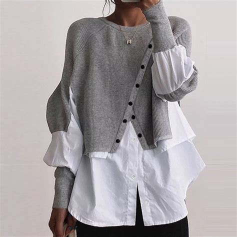 gray knit white blouse twofer sweater anooya