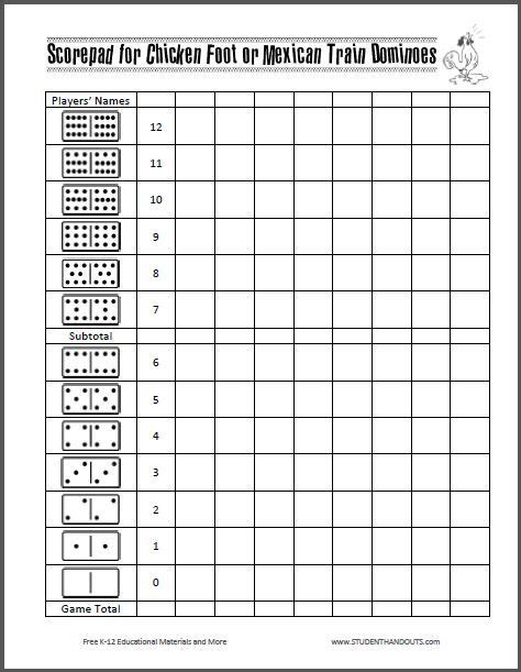 Scorepad For Chicken Foot Or Mexican Train Dominoes Free To Print