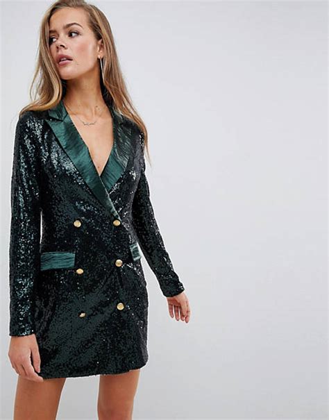 missguided double breasted sequin blazer mini dress in green asos