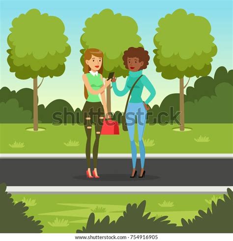 Two Girlfriends Talking While Walking Park Stock Vector Royalty Free