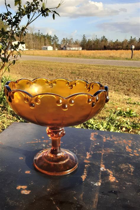 Heavy Amber Glass Pedestal Bowl Midcentury Compote Etsy
