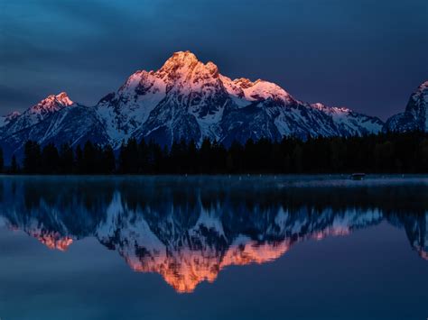 Glow Peak Sunset Mountains Reflections Lake Wallpaper Hd Image