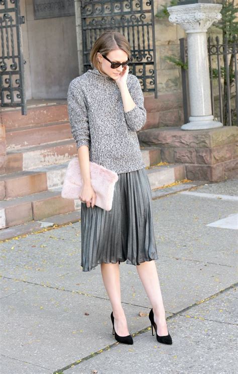 cozy sweater pleated midi skirt pleated skirt outfit fashion gray skirt outfit