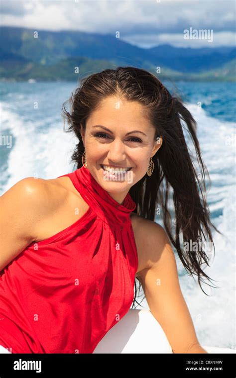 Beautiful Woman On A Boat In Kaneohe Bay Stock Photo Alamy