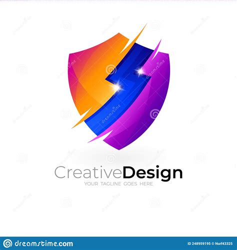 Shield Logo With Thunder Design Combination Glossy Logos Stock Vector
