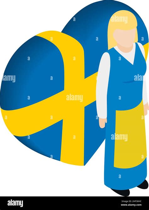 Swedish Woman Icon Isometric Vector Girl In National Costume Near Country Flag Swedish