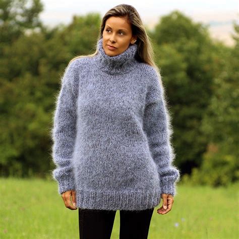 Hand Knit Mohair Sweater Gray Blue Black Fuzzy And Fluffy Turtleneck