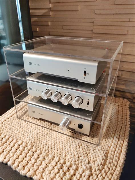 Schiit stack. Made with an IKEA acrylic stationary rack, just drilled holes in the back for the ...