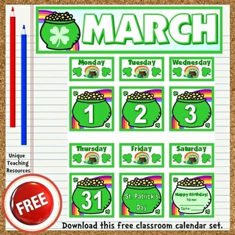 Free Printable March Classroom Calendar For School Teachers Classroom