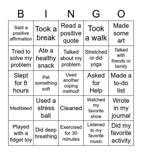Stress Management Bingo Card
