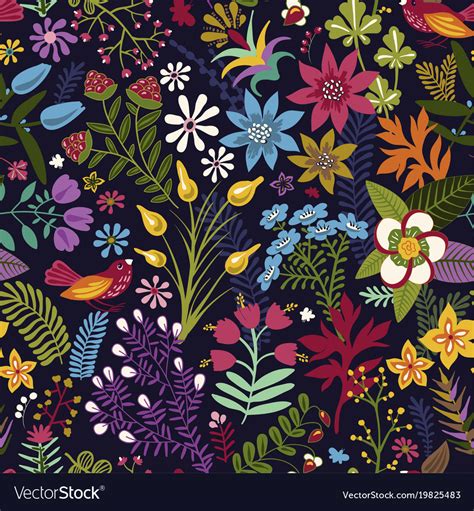 Seamless Pattern With Stylized Flowers And Vector Image