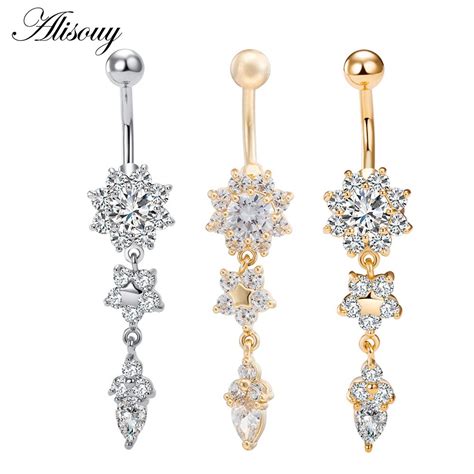 Alisouy Sexy Dangle Belly Bars Belly Button Rings Belly Piercing Cz Crystal Flower Body Jewelry