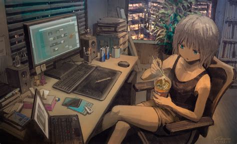 Wallpaper Anime Girls Computer City Urban Eating Food Geek