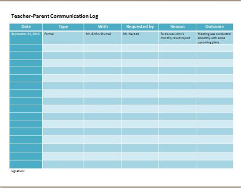 Parent Teacher Communication Log Template Database