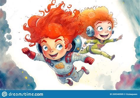 Cartoon Scene With Flying Superheroes Boy And Girl Illustration For