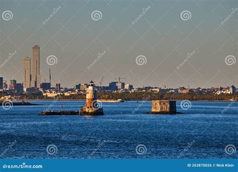 Robbins Reef Lighthouse In New York City With Golden Light And