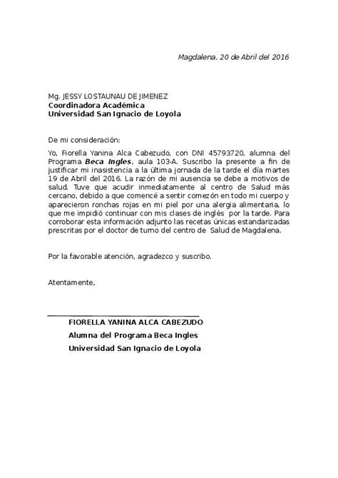 Doc Carta De Justificación De Inasistencia A La Universidad Yanina