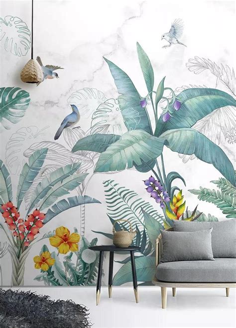 Tropical Leaf Wallpaper Removable Wall Mural Tropical Birds Etsy