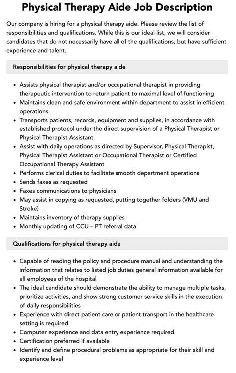 Physical Therapy Aide Job Description Velvet Jobs