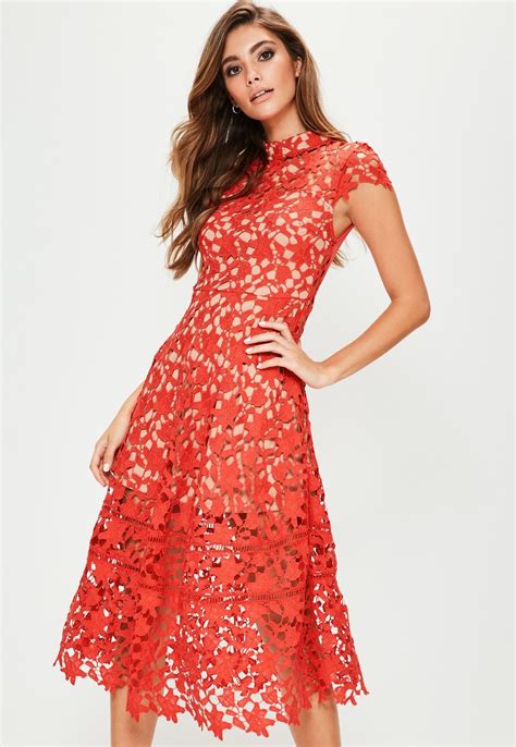 Red Short Sleeve Lace Midi Skater Dress Long Gown Dress Cute Prom