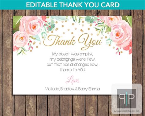 Instant Download Roses Baby Shower Thank You Card Printable Etsy