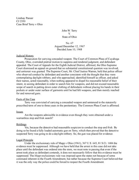 Case Brief Terry V Ohio - Lindsay Panzer CJ 2350 Case Brief Terry v