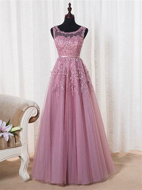 Pink Round Neck Applique Beaded Tulle Long Prom Dresses Pink Applique