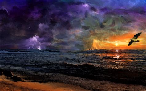 Painting Sunset Storm Birds Beach Wallpapers Hd Desktop And Mobile