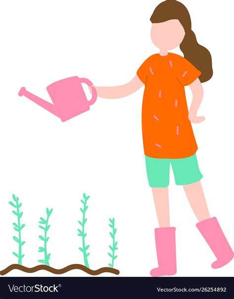 Cute Young Girl Use Watering Can To Water Plant Vector Image