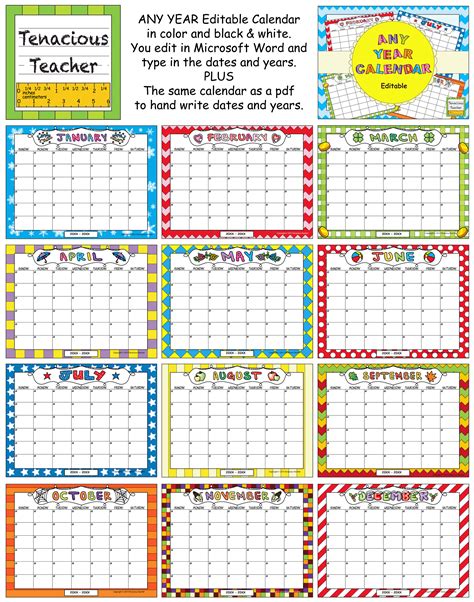 Any Year Editable Calendar School Calendar Beginning Of School