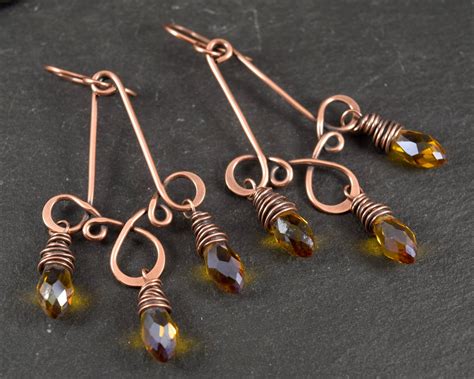 Champagne Chandelier Earrings Copper Wire Wrap Earrings Beaded