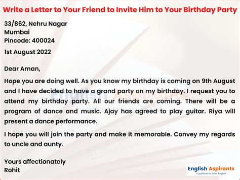 Write A Letter To Invite Your Friend To Your Birthday Party 6 Examples