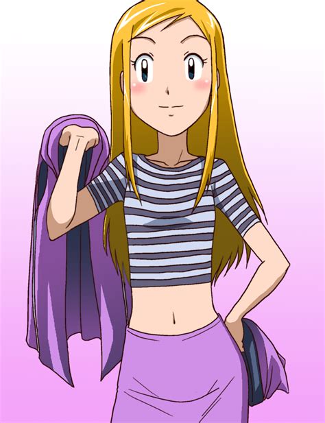 Safebooru 1girl Blonde Hair Blush Breasts Digimon Digimon Frontier Hat Hat Removed Headwear