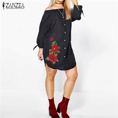 Zanzea Fashion Floral Embroidery Mini Dress Loose Sexy Slash Neck Women