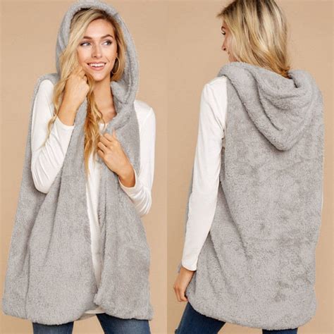 Womens Vest Winter Warm Jacket Hoodie Casual Outwear Faux Fur Zip Up