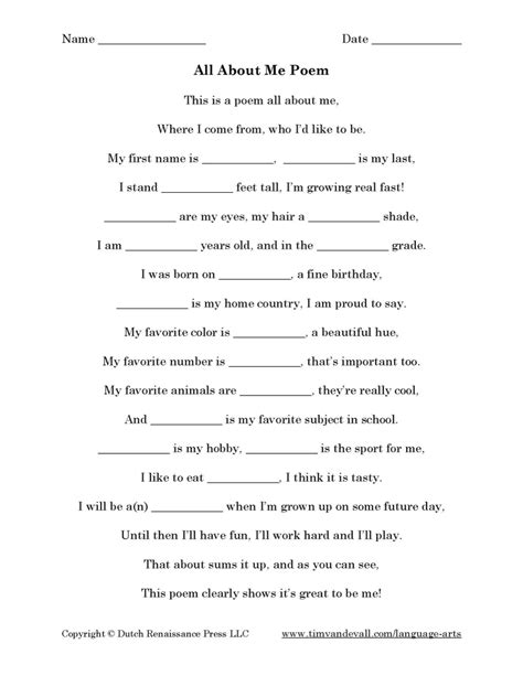 All About Me Poem Tims Printables