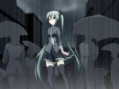 Hatsune Miku Long Hair Rain Thighhighs Twintails Umbrella Vocaloid