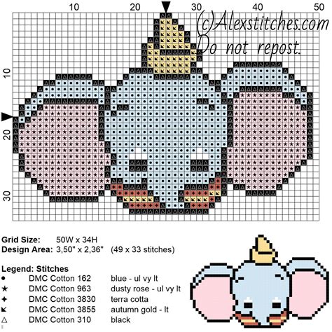 Dumbo Disney Cuties Free Cross Stitch Pattern 50x34 5 Colors Disney
