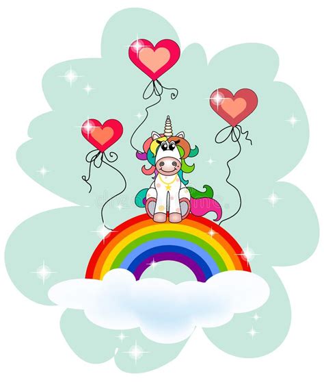 Unicorn Sits On A Cloud With A Rainbow In An Abstract Background Stock