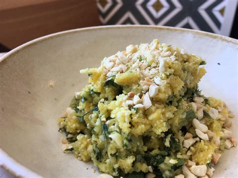 1 medium size cauliflower, 1 tsp ground cumin, 1/2 ts cinnamon, 1/2 ts paprika, 1 tsp seasalt, 1 tbsp olive oil, pepper, spicy chickpeas, 1x 15 oz (400g)can chickpeas (garbanzo beans), 1 tbsp vegetable oil, 2 tsp sriracha sauce, 1 tsp sea salt, ã‚â¼ cup parmesan cheese, finely grated. Cauliflower Couscous with Mint Cashew Pesto | Austin Fit