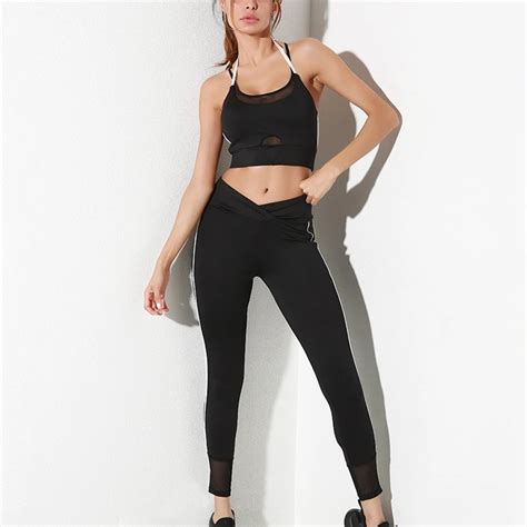 Peneran Women Yoga Sets Black Sexy Mesh Gym Fitness Sport Suit Sports