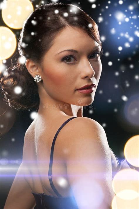 Woman In Evening Dress Wearing Diamond Earrings Stock Photo Image Of